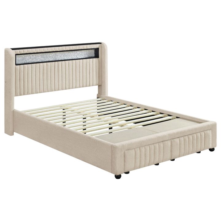 Madie Full Platform Bed, LED and Storage, Cream Channel Tufted Boucle - Benzara