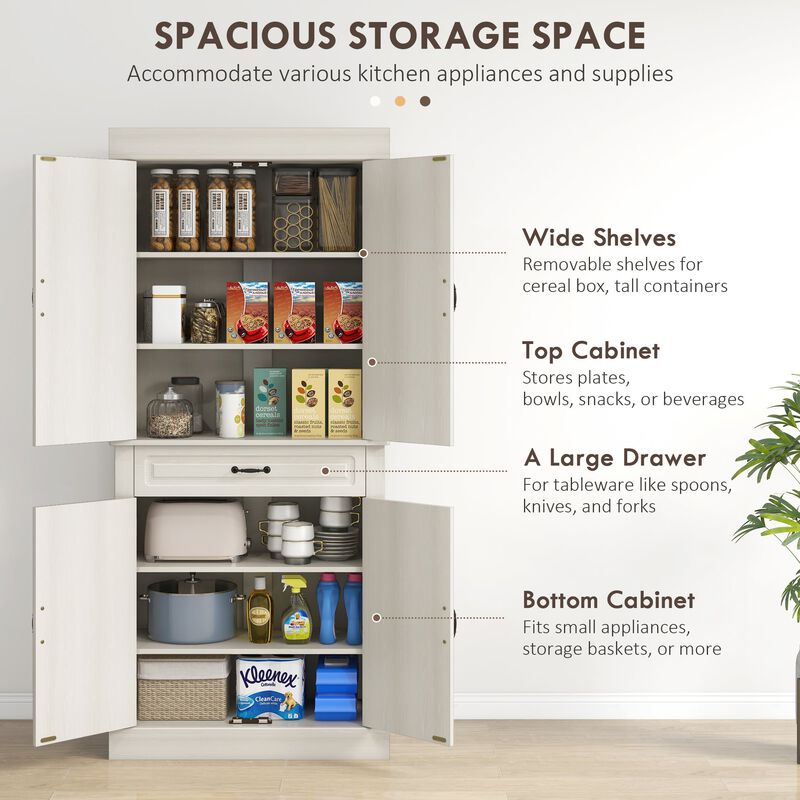 71" Distressed White Pantry: 4 Doors, 2 Cabinets, Drawer