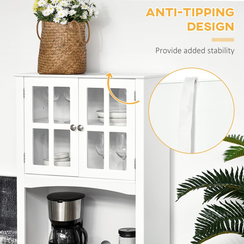 White Kitchen Organizer: 67" Hutch Cabinet with Glass Doors and Drawers