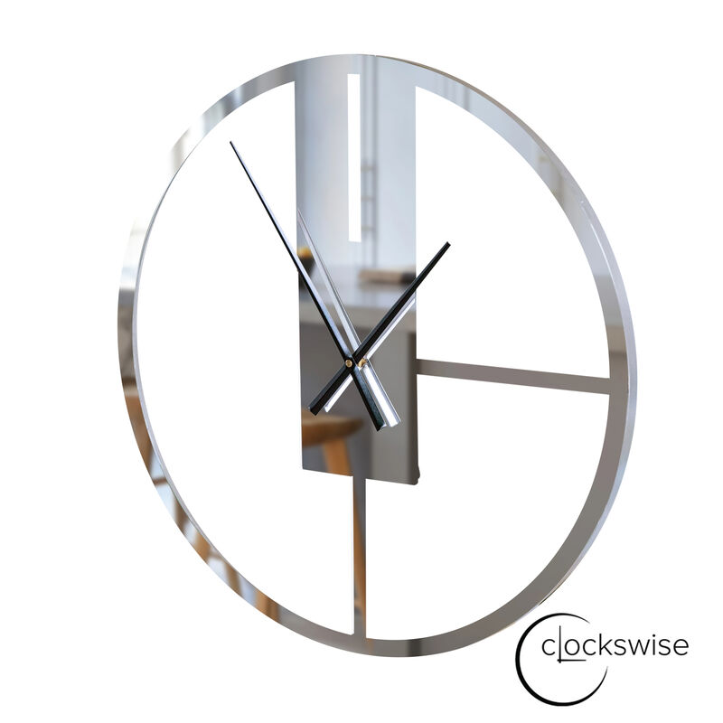 Modern Round Big Wall Clock with Mirror Face, Decorative Silver Metal 22.75” Oversize Timepiece for Entryway Office Living Room Bedroom or Kitchen, Hanging Supplies Included, Unique Elegant Home Decor