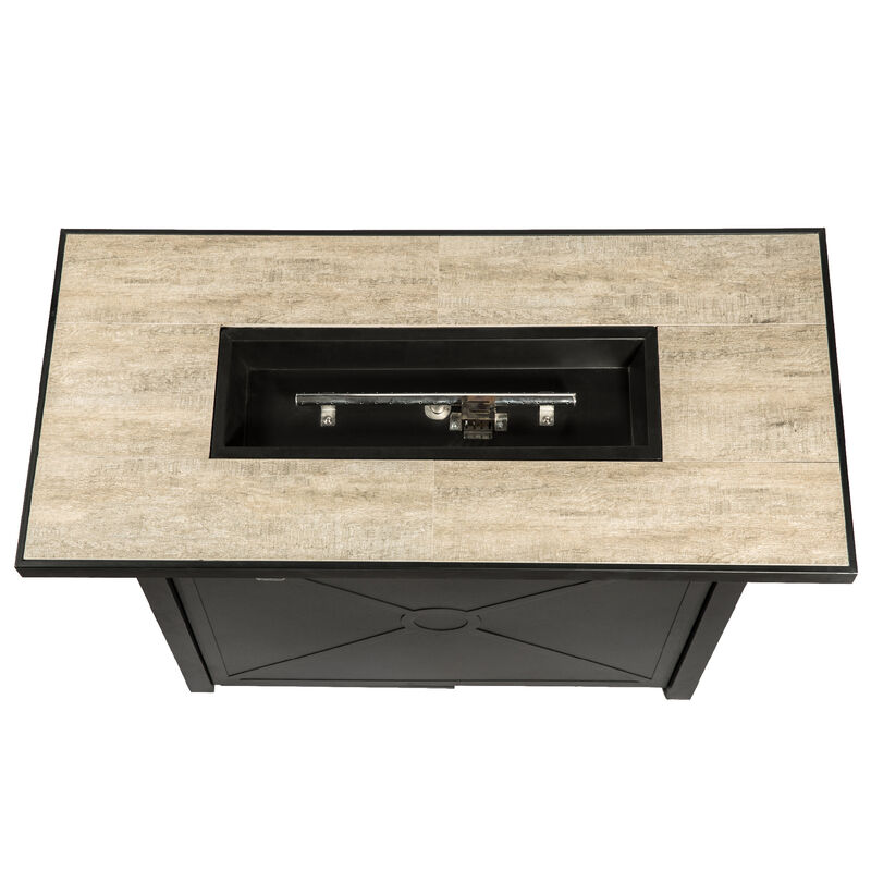 Teamson Home Outdoor Rectangular Propane Ceramic Gas Fire Pit with Steel Base, Black/Stone