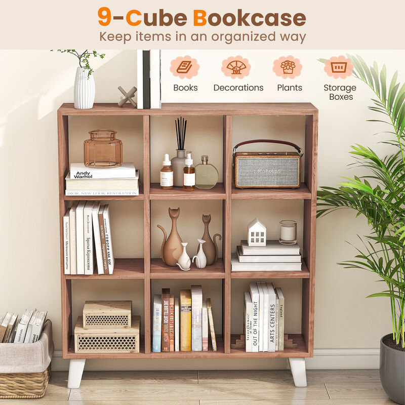 9-Cube Bookcase with 6 Removable Shelves and Raised Support Feet