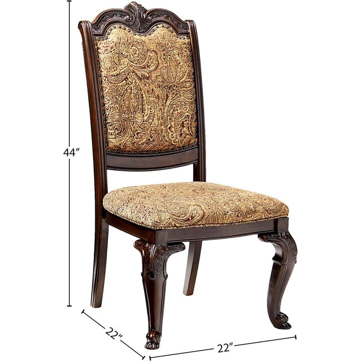 Traditional Formal Set of 2 Side Chairs Brown Cherry Solid wood Chair Padded Fabric Upholstered Seat Kitchen Dining Room Furniture