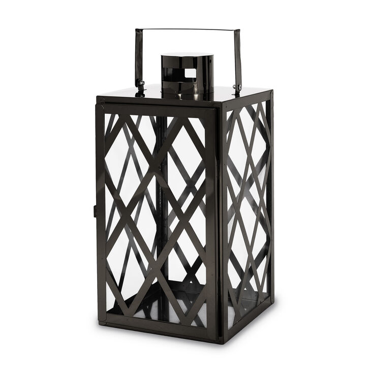 Dove 14 Inch Lantern, Lattice Black Stainless Steel, Tempered Glass - Benzara