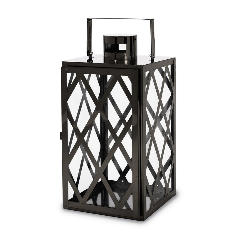Dove 14 Inch Lantern, Lattice Black Stainless Steel, Tempered Glass - Benzara
