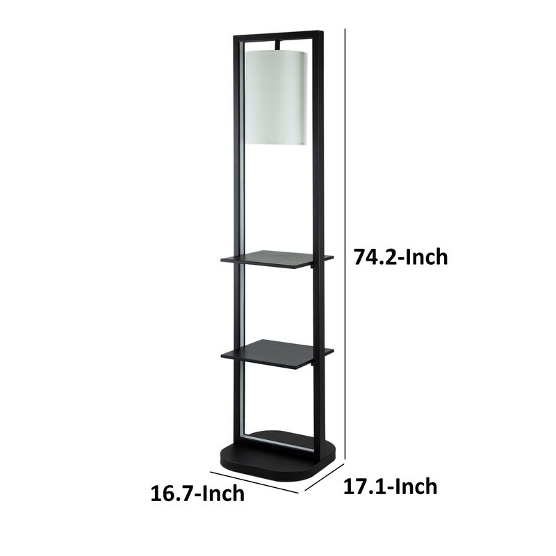 74 Inch Floor Lamp with 2 Shelves, Round Lampshade, Black Iron, White - Benzara