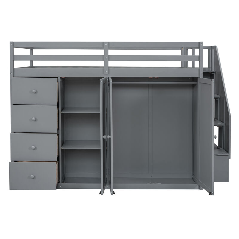 Merax Wood Loft Bed with Built-in Wardrobes
