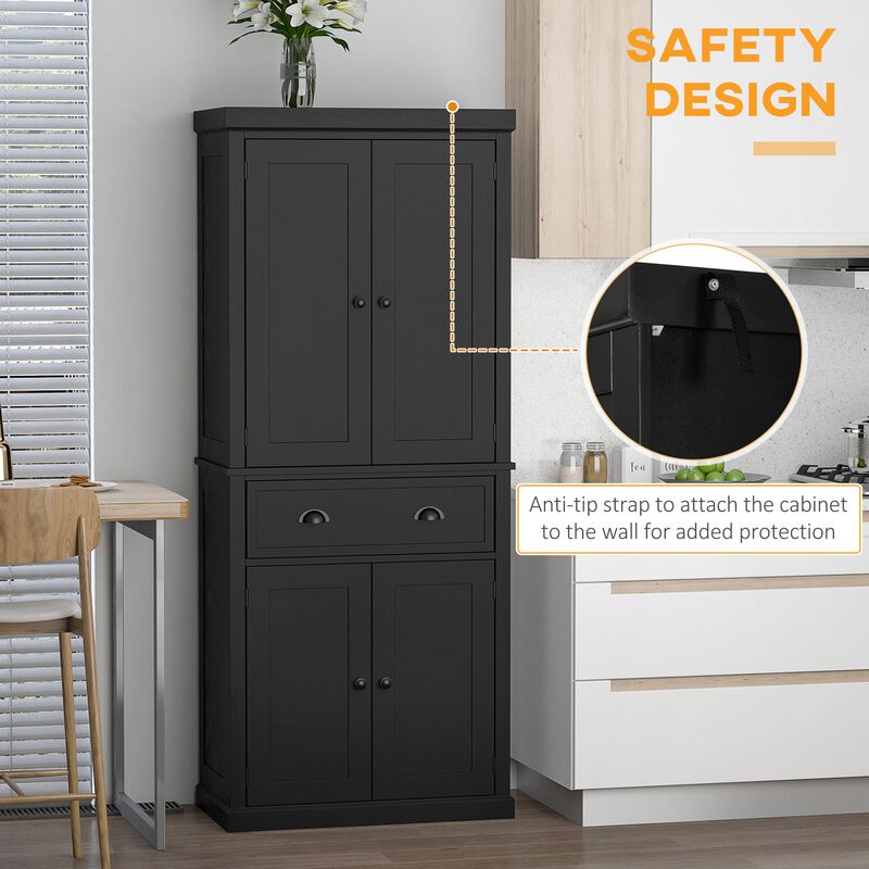 72" Black Kitchen Pantry: Freestanding, Cabinet Storage