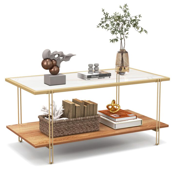 Hivvago 2 Tiers Rectangle Glass Coffee Table with White and Gold Steel Frame-Golden