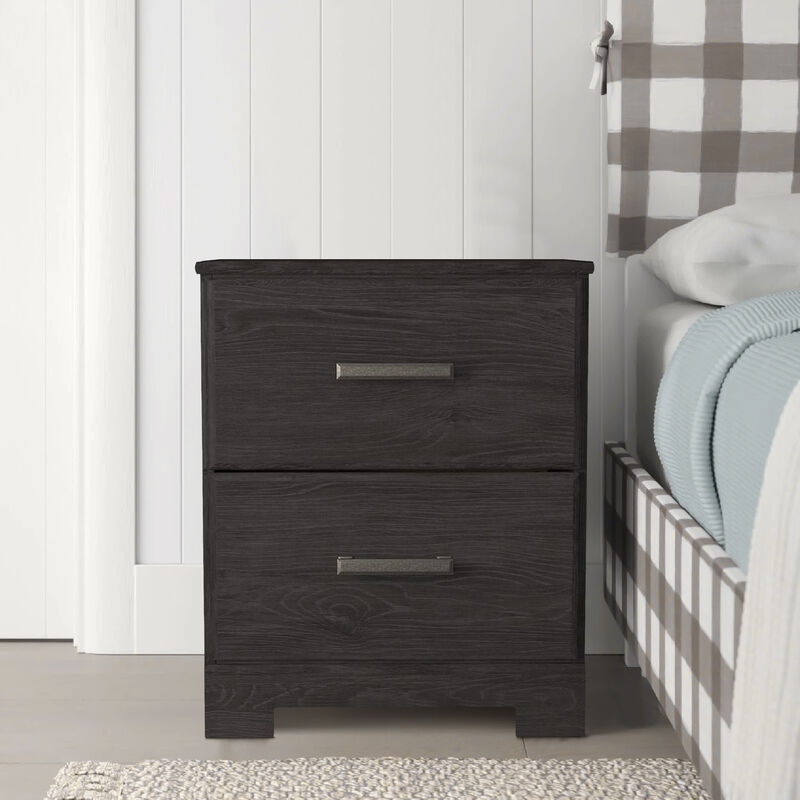 Wren 24 Inch Modern Rustic Wood Nightstand, 2 Drawers, Oak Grain, Black-Benzara