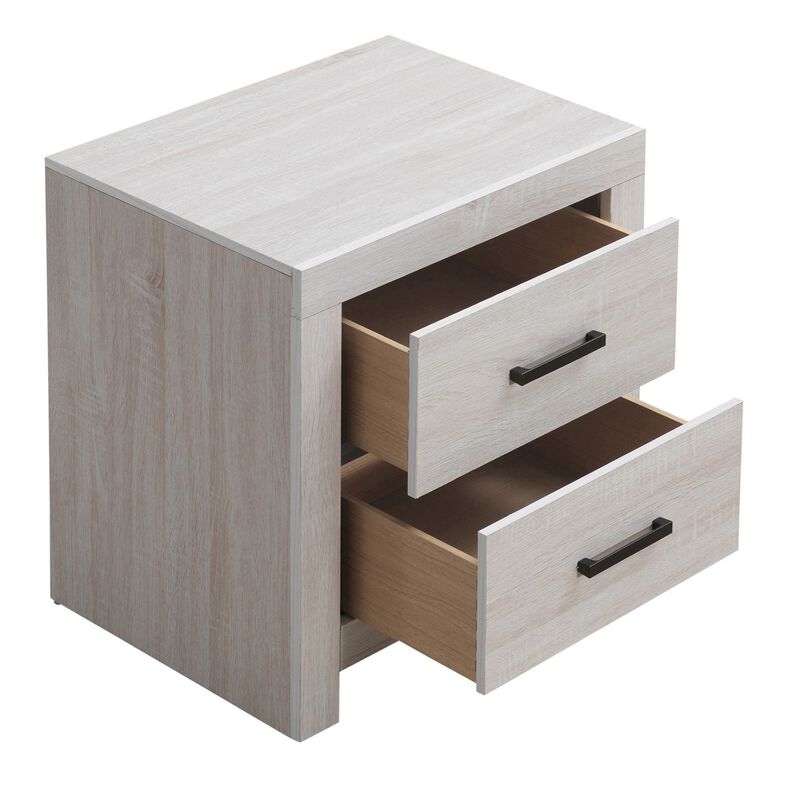 Nightstand with 2 Drawers and Metal Bar Pulls, White-Benzara
