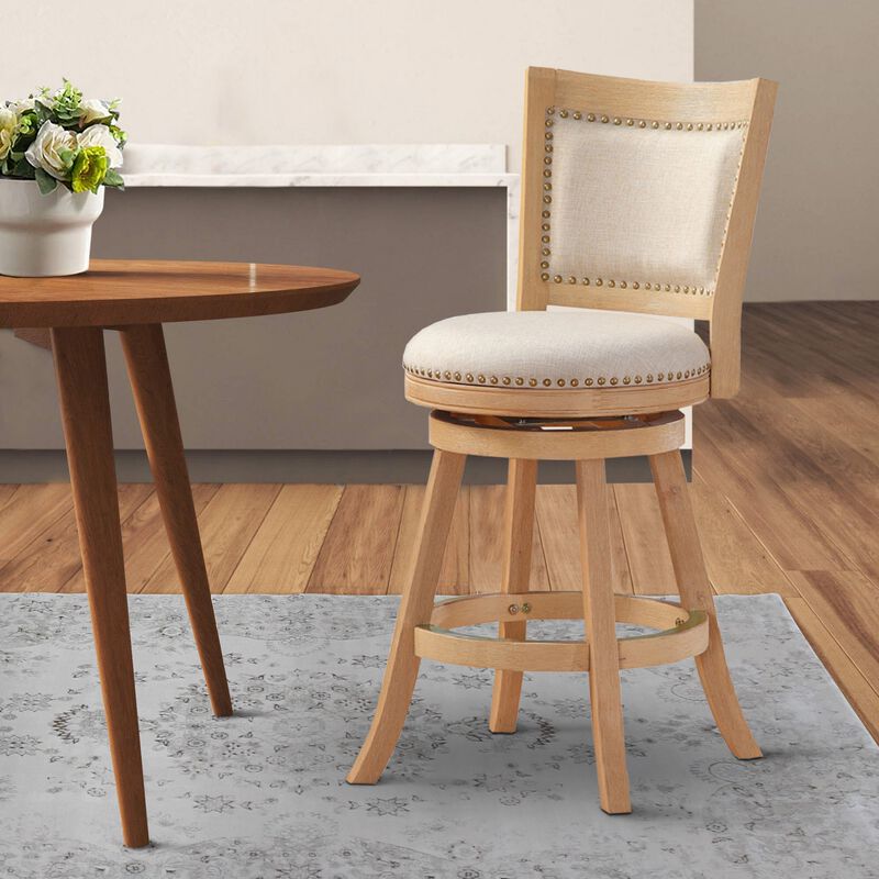 Kia 24 Inch Solid Wood Swivel Counter Stool, Curved Panel Back, Brass Nailheads, Ivory - Benzara