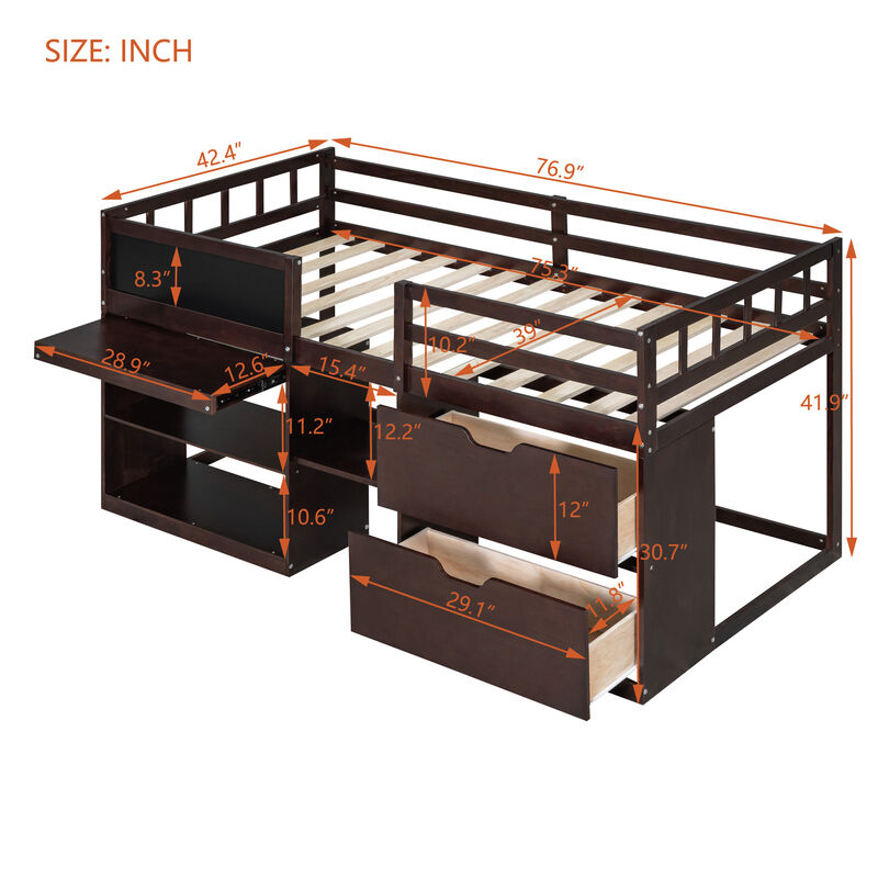 Merax Low Loft Bed with Rolling Desk and Drawers