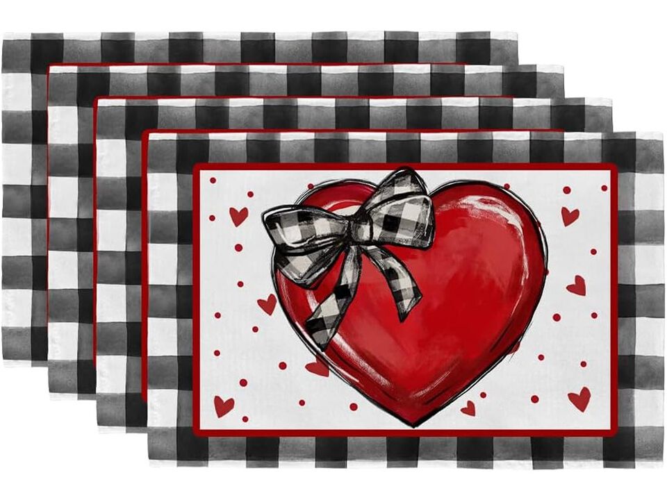 GEEORY Valentine's Day Placemats Hearts Ribbon Bow Polka Dots Farmhouse Holiday Kitchen Dining Table Decoration