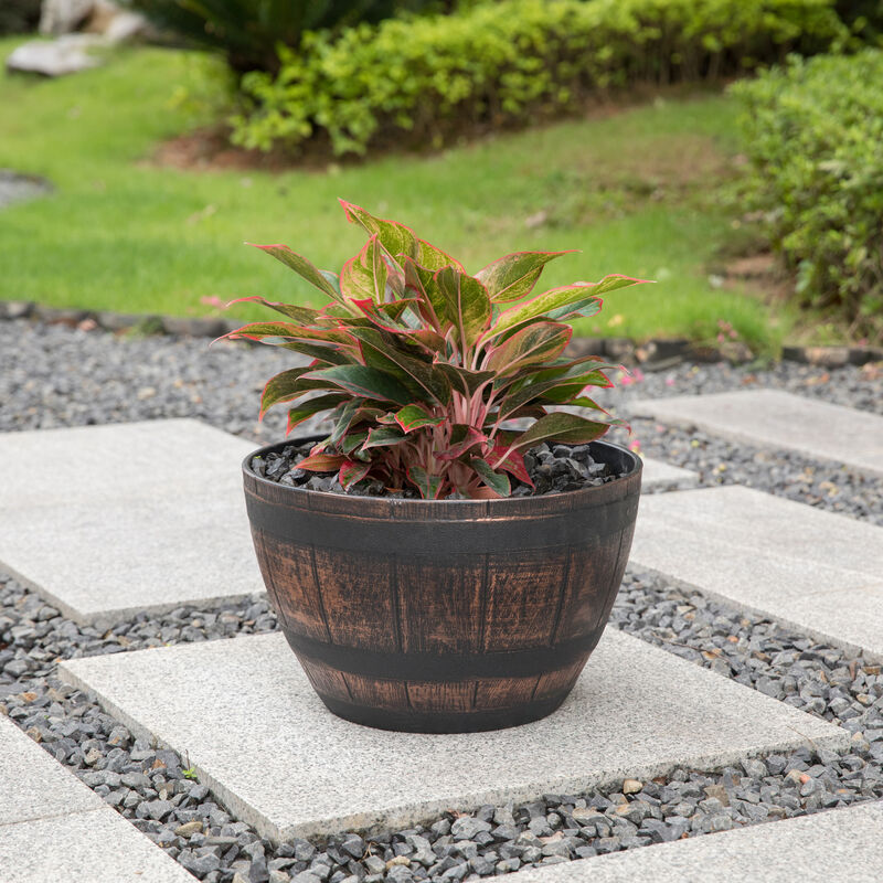 Brown Outdoor Rustic Half Barrel Flower Garden Planter Bowl, Plastic, Medium