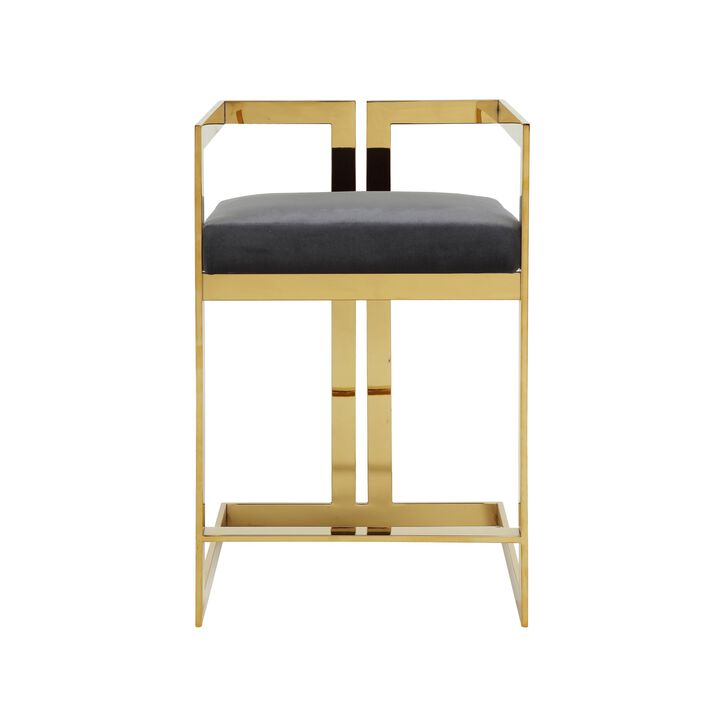 Suki 26 Inch Barstool Chair, Gray Velvet Seat, Stainless Steel, Gold Finish - Benzara