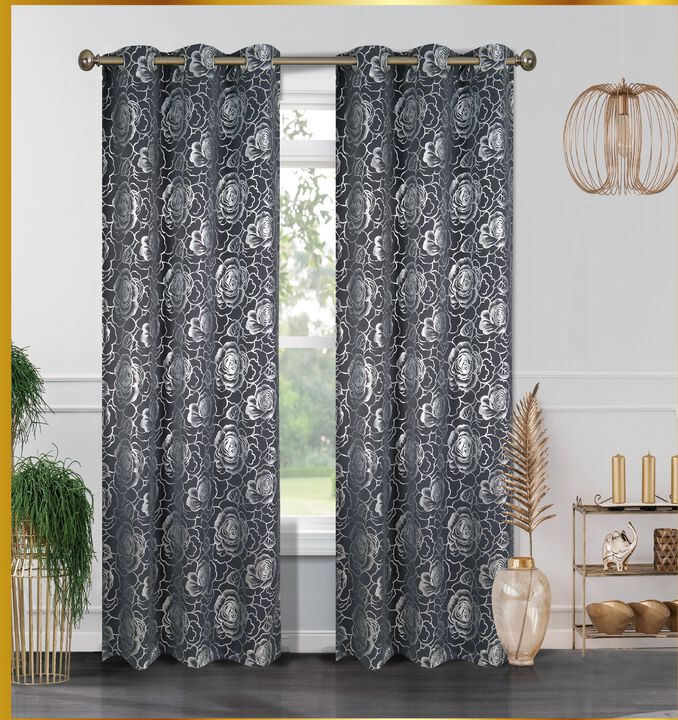 Floral Metallic Blackout Thermal Grommet Curtain Panels (Set of 2)
