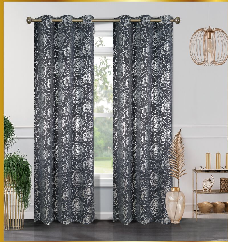 Floral Metallic Blackout Thermal Grommet Curtain Panels (Set of 2)