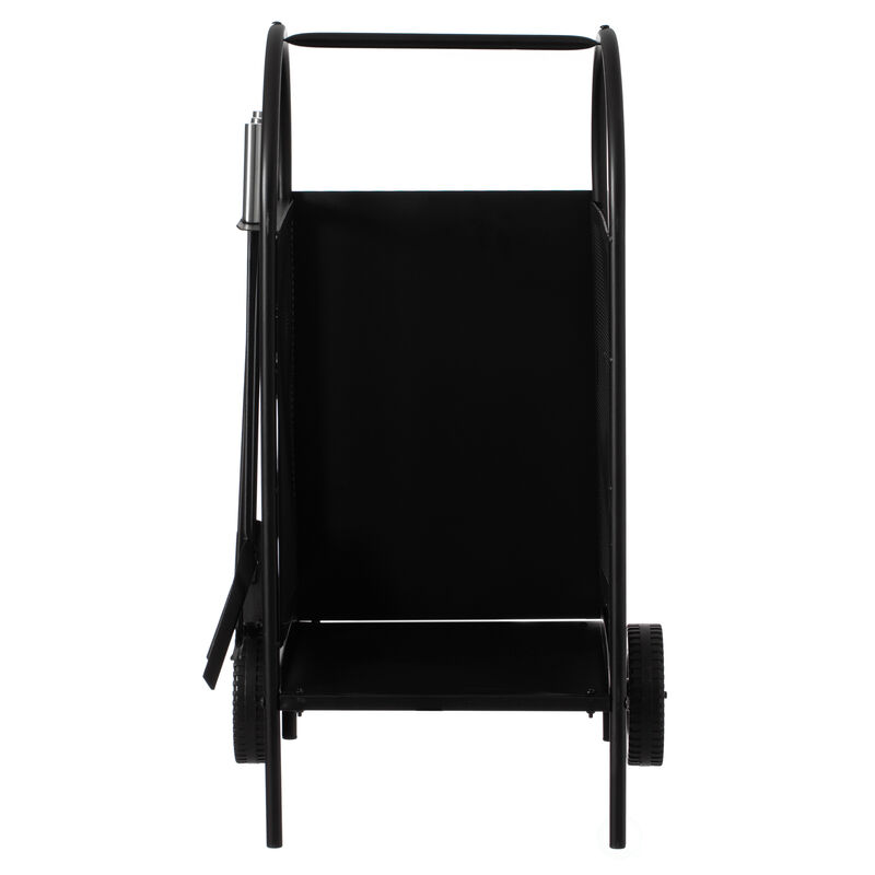 Indoor and Outdoor Patio Iron Firewood Log Cart with Wheels and Fireplace Tool Set, Black