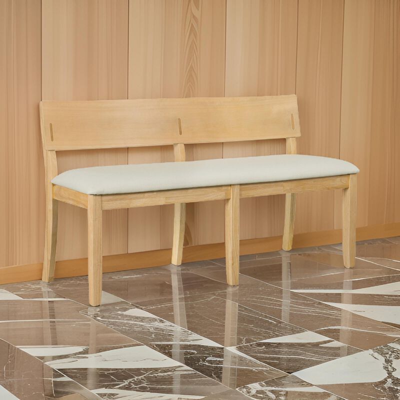 Celi 53 Inch Dining Bench, Cream Fabric Seat, Natural Brown Wood Frame - Benzara
