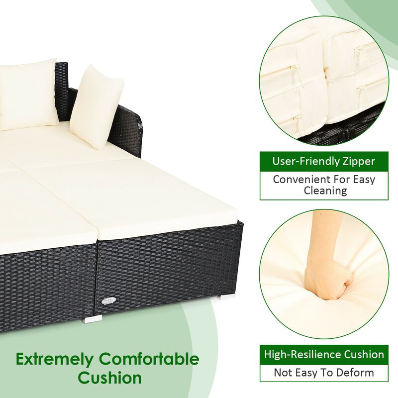 Spacious Outdoor Rattan Daybed with Upholstered Cushions and Pillows