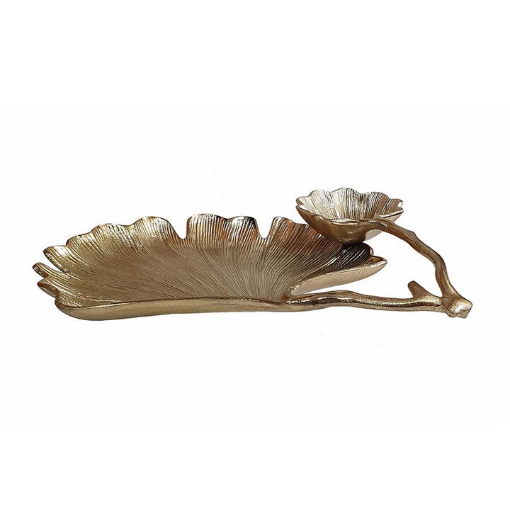 14 Inch Double Leaf Decorative Bowl, Firm Aluminum, Textured Gold Finish - Benzara