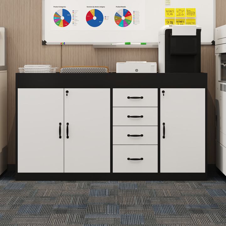 FUFU&GAGA Black and White Bookshelf with 4 Drawers and 3 Doors, Particle Board Construction with Laminate Finish (47.2" W x 31.5" H x 15.7" D), White