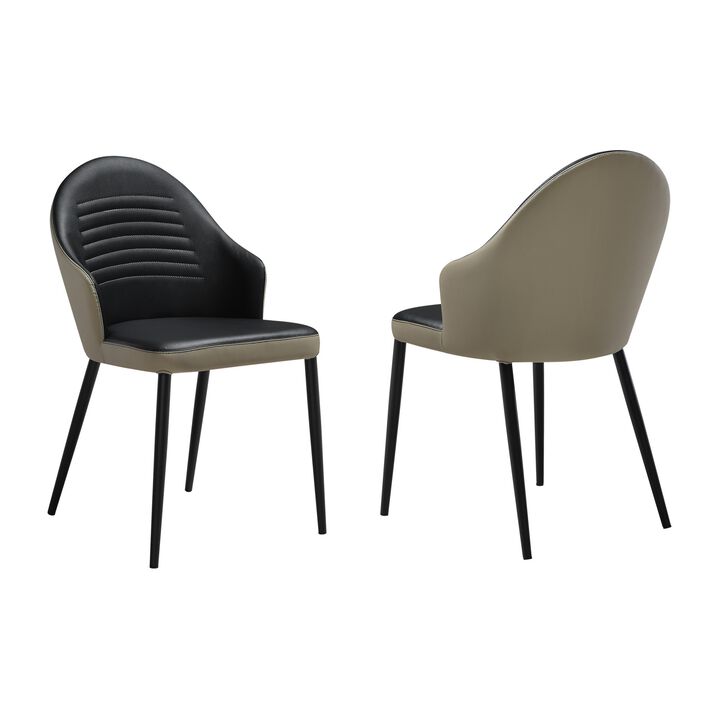 Nia 22 Inch Dining Chair Set of 2, Curved, Tufted Gray Faux Leather, Black - Benzara