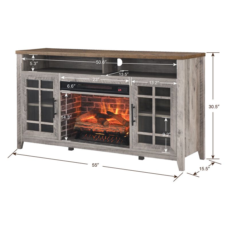 MONDAWE 55 Inch TV Media Stand with Electric Fireplace KD Inserts Heater,Gray Wash Color