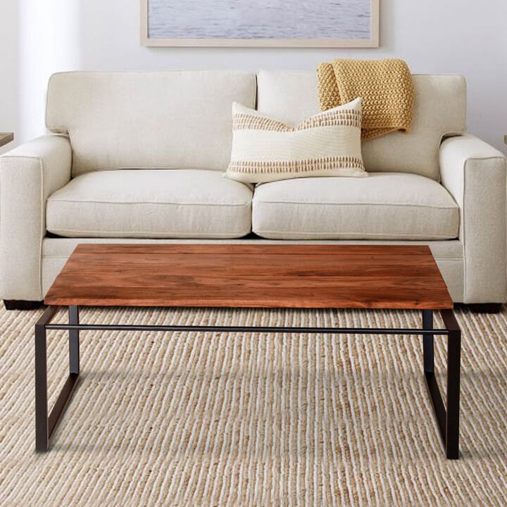41.7 Inch Rectangular Coffee Table With Plank Style Top, Metal Frame, Brown And Black