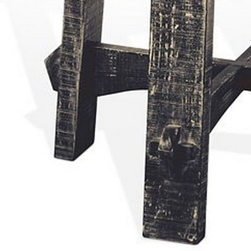 Rena Side End Table, X Legs, 24in Round, Distressed Rustic Black Wood - Benzara
