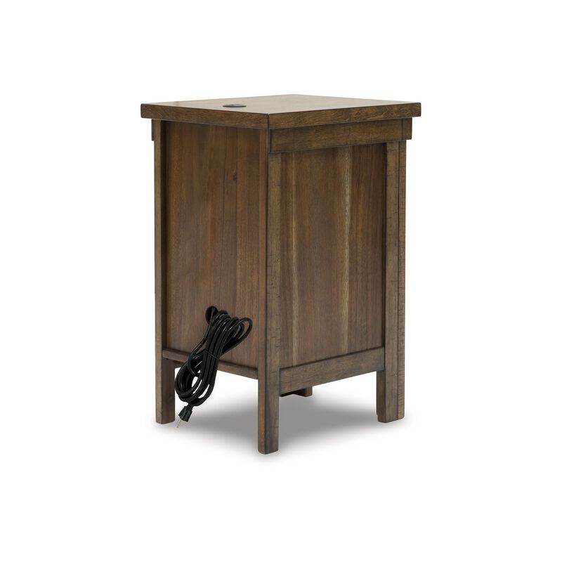 Chip Chairside End Table, Cabinet, 2 USB Ports, 17 Inch Brown Wood - Benzara