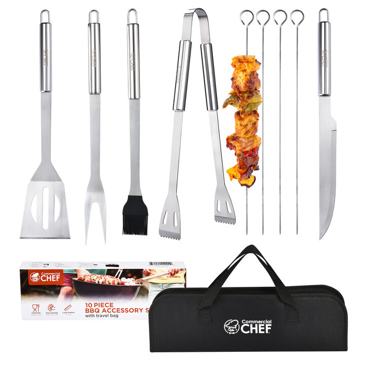 Commercial Chef BBQ Grill Set with Meat Fork, Spatula, and All Necessary Grill Accessories - 10 PCS BBQ Grilling Tools for Smoker, Camping, Kitchen, Barbecue and Ideal Mens Gift