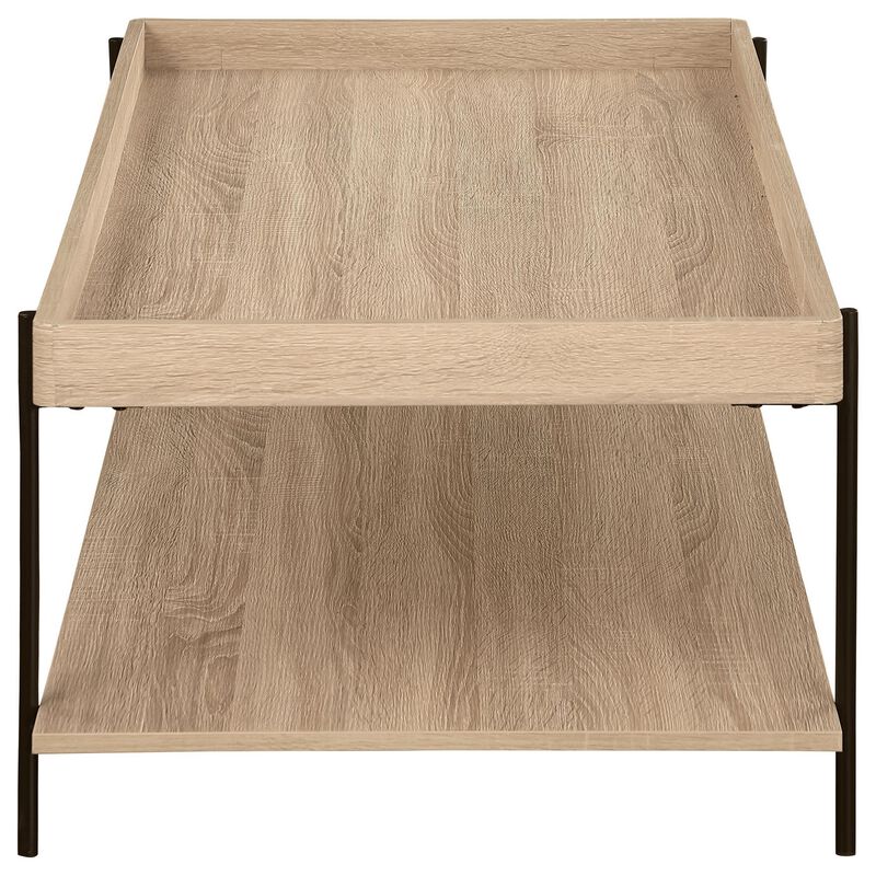 Allen Coffee Table, Tray Top, Shelf 47 Inch Brown Wood, Black Metal - Benzara