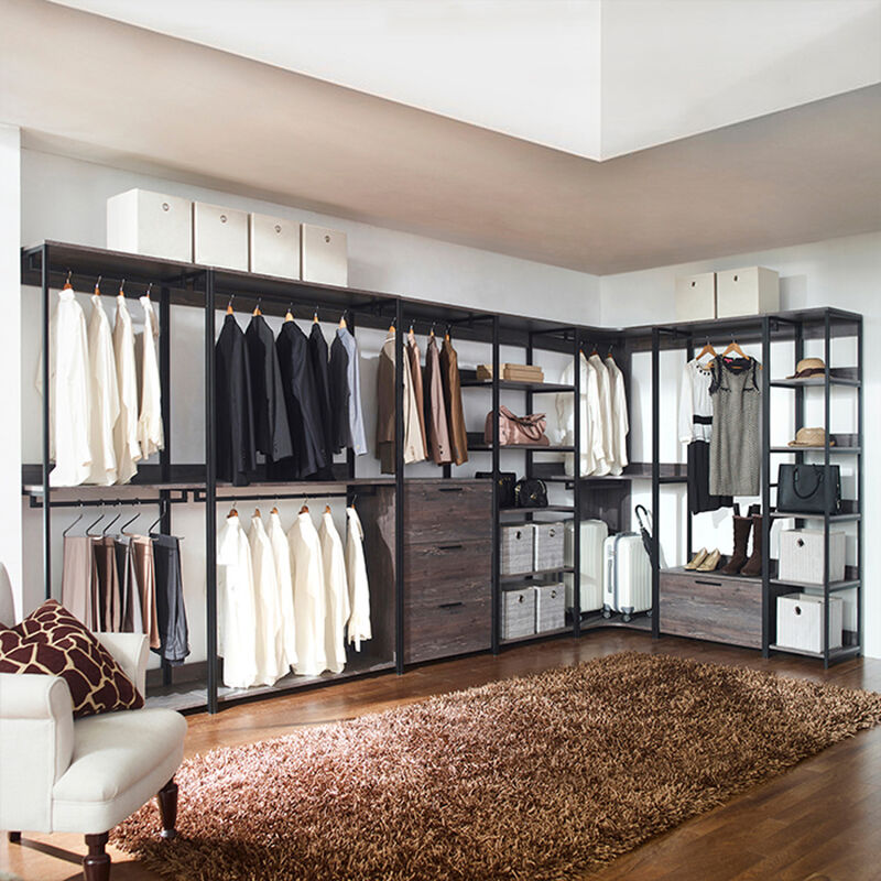 FC Design Klair Living Farmhouse Industrial Wood Walk-in Closet with One Shelf in Rustic Gray