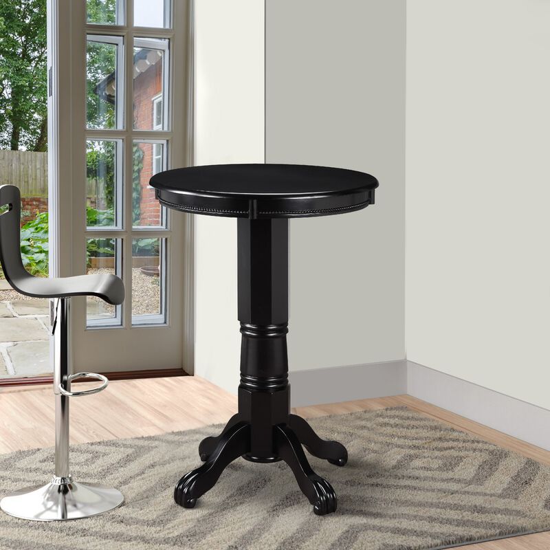 Ava 42 Inch Wood Pub Bar Table, Molded Trim, Carved Pedestal, Black-Benzara