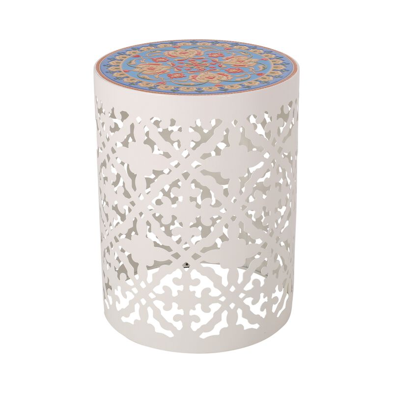 Riki Side End Table, 14 Inch, Mosaic Tile Rattan, White Lace Cut Metal - Benzara