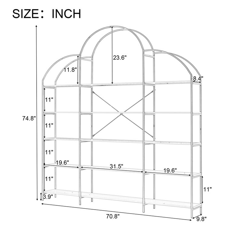 74.8 Inch 5 Tiers Office Bookcase Bookshelf, Display Shelf With Round Top, X Bar Frame