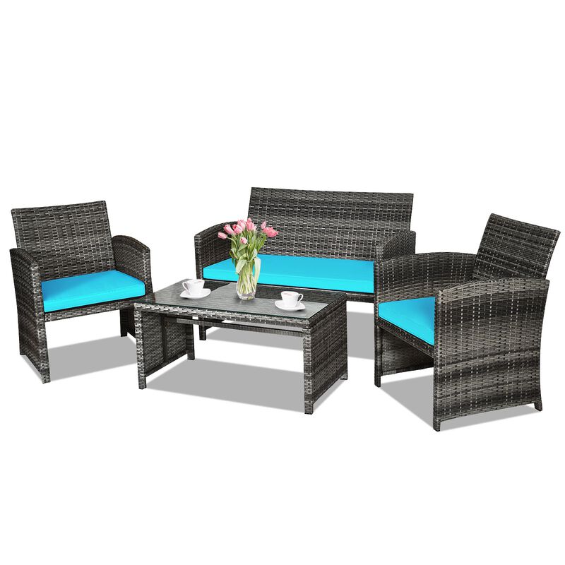 4 Pcs Patio Rattan Furniture Set Top Sofa With Glass Table