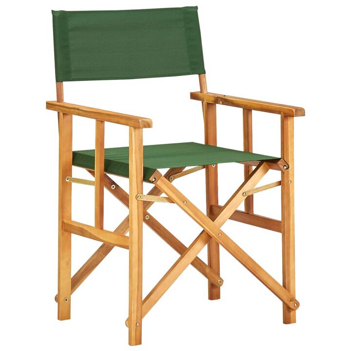 Outdoor Foldable Directors Chair, Brown Acacia Wood, Green Fabric - Benzara