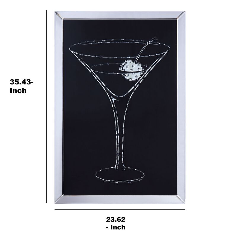 Wood and Mirror Martini Glass Wall Art, Clear and Black-Benzara