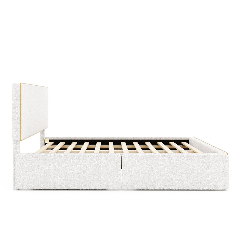 Streamdale White Upholstered Platform Bed with 4 Drawers and Golden Edge