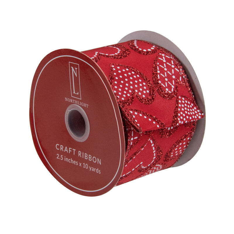 Red and White Glittered Hearts Valentine's Day Wired Craft Ribbon 2.5" x 10 Yards