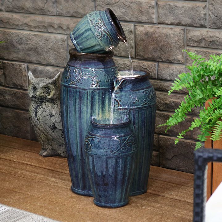Sunnydaze Tour de Vase Ceramic Pot Water Fountain with LED Lights - 27 in
