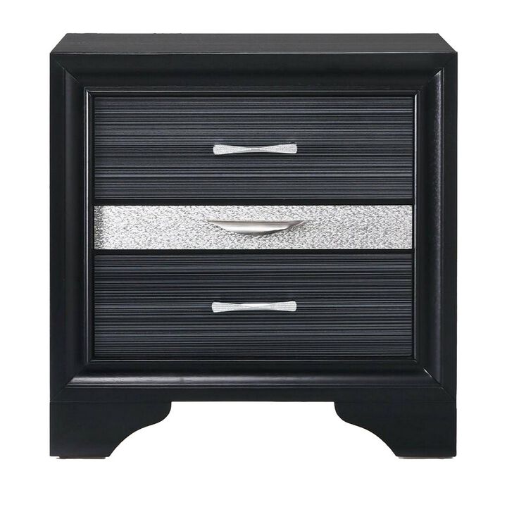 Two Tone Wooden Nightstand With Three Drawers, Black And Silver-Benzara