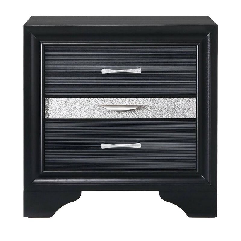 Two Tone Wooden Nightstand With Three Drawers, Black And Silver-Benzara
