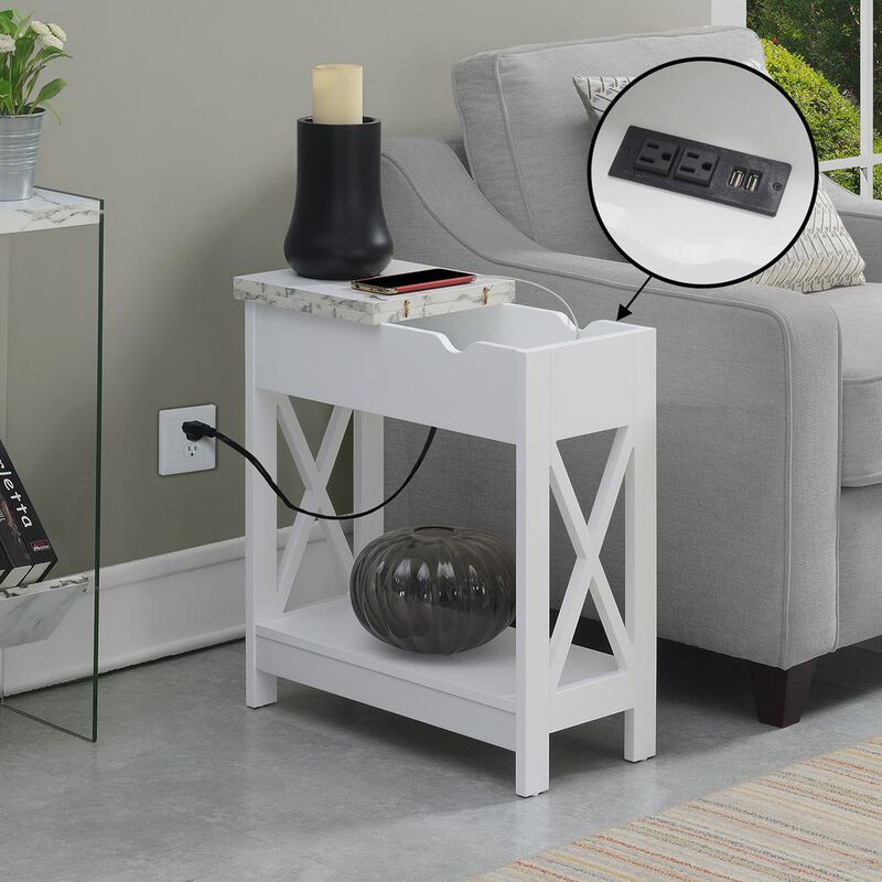 Convenience Concepts Oxford Flip Top End Table with Charging Station and Shelf, Marble