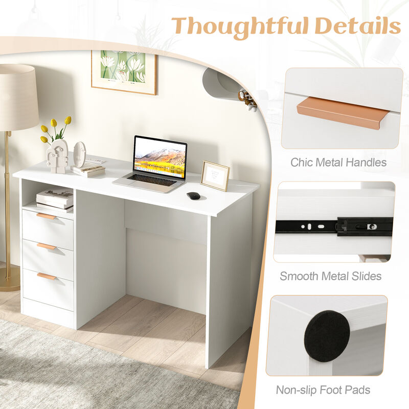 Home Office Desk with Power Outlet 3 Storage Drawers and Open Compartment-White