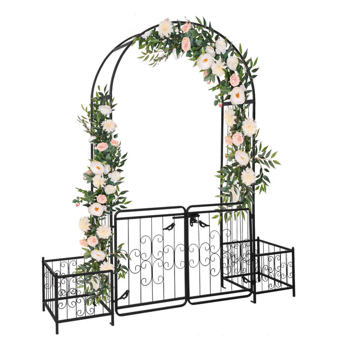Iron Arch Arbor with Gate & Planter Frame, Outdoor Courtyard Trellis