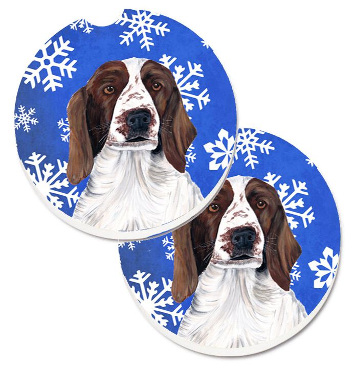 Caroline's Treasures Welsh Springer Spaniel Winter Snowflakes Holiday Set of 2 Cup Holder Car Coasters SC9380CARC, 2.56, Multicolor
